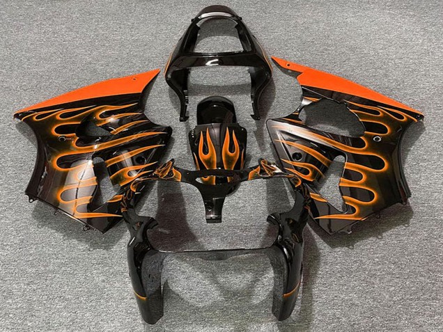 2000-2002 Kawasaki ZX6R Motorcycle Fairings - Glossy Black Orange Flame Australia