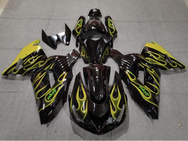 2006-2011 Kawasaki ZX14R Motorcycle Fairings - Glossy Black Yellow Flame Australia