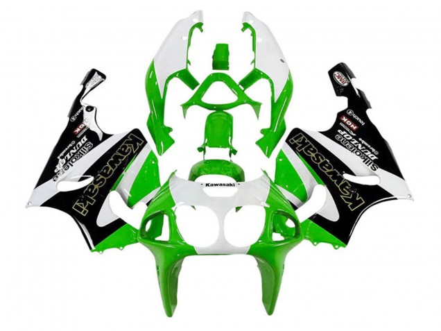 1996-2003 Kawasaki ZX7R Motorcycle Fairings - White Green Black Gold Silkolene Dunlop Australia