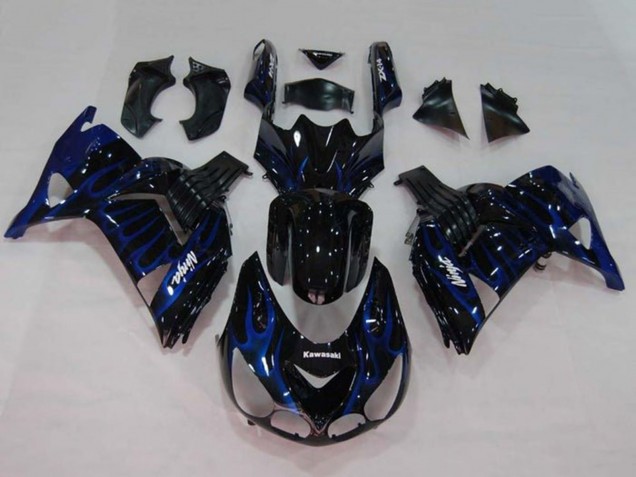 2006-2011 Kawasaki ZX14R ZZR1400 Motorcycle Fairings - Glossy Black Blue Flame Australia