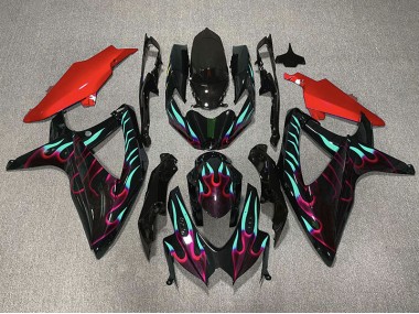 2008-2010 Red and Cyan Flame GSXR 600-750 Fairings